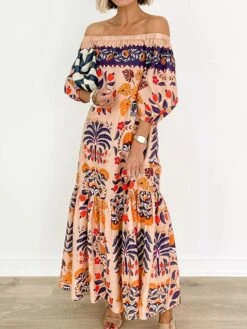 Women's Work Dress Casual Dress Swing Dress Fashion Winter Dress Daily Long Dress Maxi Dress Ruched Print Off Shoulder Long Sleeve Floral Loose Fit Pink Fall Winter S M L XL XXL -Tesla Style saavtv1695645282110