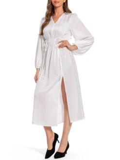Women's Work Dress Satin Dress White Dress Fashion Midi Dress Drawstring Split V Neck Long Sleeve Plain Loose Fit White Fall Winter S M L XL XXL -Tesla Style sadfhj1693467425363