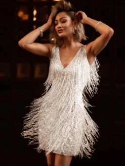 Women‘s Party Dress Fringe Dress Short Mini Dress White Gold Sleeveless Pure Color Tassel Fringe Spring Summer Spaghetti Strap Party Sexy Gatsby Party 2023 S M L XL XXL / Winter -Tesla Style sadrol1644218136561