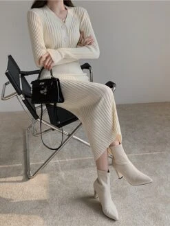 Women‘s Sweater Dress Winter Dress Sheath Dress Midi Dress Black White Green Long Sleeve Pure Color Button Fall Winter Autumn V Neck Stylish Winter Dress Fall Dress 2023 One-Size -Tesla Style sadzwu1665656616634
