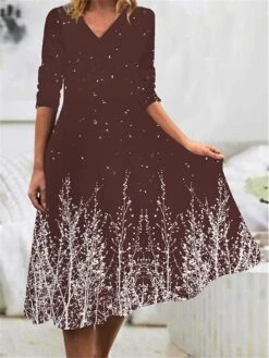 Women's Work Dress Casual Dress Swing Dress Fashion Winter Dress Daily Midi Dress Print V Neck Long Sleeve Scenery Regular Fit Wine Blue Brown Fall Winter S M L XL XXL -Tesla Style sajwhu1694490801459