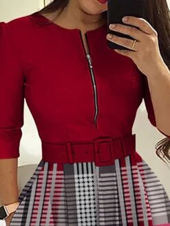 Women's Work Dress Casual Dress Semi Formal Dress Fashion Office Daily Workfashion Midi Dress Zipper Pocket Crew Neck 3/4 Length Sleeve Plaid Regular Fit Red Fall Winter S M L XL XXL -Tesla Style sascyv1695645211751