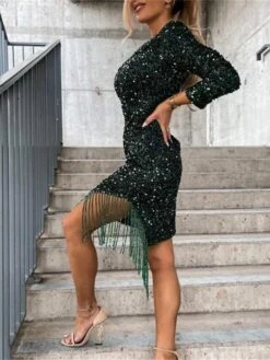 Women‘s Cocktail Party Dress Wedding Guest Dress Fringe Dress Sequin Dress Mini Dress Black Dark Green Brown Long Sleeve Pure Color Sequins Autumn V Neck Stylish Winter Dress Fall Dress 2023 S M L XL -Tesla Style sbbcjo1666174887315