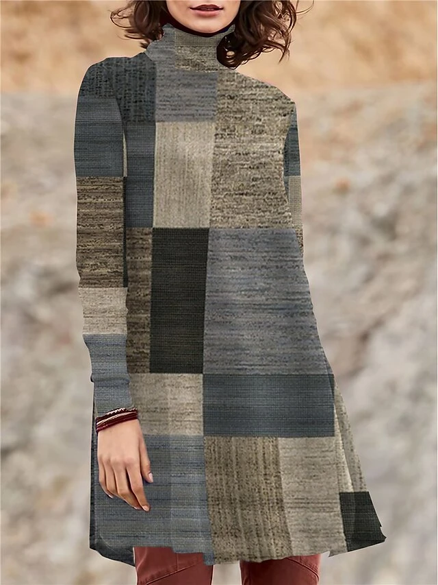 Women's Work Dress Casual Dress Swing Dress Fashion Winter Dress Daily Mini Dress Print Turtleneck Long Sleeve Geometric Color Block Regular Fit Yellow Wine Red Fall Winter S M L XL XXL 6 Women's Work Dress Casual Dress Swing Dress Fashion Winter Dress Daily Mini Dress Print Turtleneck Long Sleeve Geometric Color Block Regular Fit Yellow Wine Red Fall Winter S M L XL XXL - Image 4