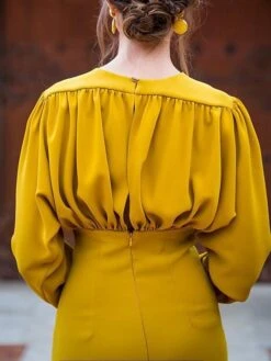 Women's Party Dress Sheath Dress Midi Dress Yellow Long Sleeve Pure Color Ruched Winter Fall Autumn V Neck Casual Party Winter Dress Fall Dress 2022 S M L XL XXL -Tesla Style scbpei1630920061054