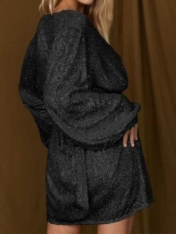 Women‘s Party Dress Sequin Dress Homecoming Dress Cocktail Dress Mini Dress Black White Champagne Long Sleeve Pure Color Sparkly Glitter Lace Up Fall Winter Autumn V Neck Wedding Guest -Tesla Style scmrfm1694592546762