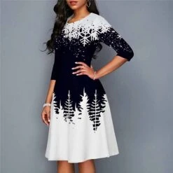 Women's Christmas Work Dress Swing DressKnee Length Dress Green Blue Purple Yellow Red Black 3/4 Length Sleeve Santa Claus Tree Snowflake Print Fall Winter Crew Neck Elegant Modern 2022 S -Tesla Style scotvg1665293382968
