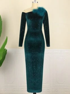 Women‘s Cocktail Party Dress Wedding Guest Dress Velvet Dress Feather Dress Maxi Long Dress Dark Green Long Sleeve Pure Color Fall Spring One Shoulder Elegant Winter Dress 2023 S M L XL XXL XXXL -Tesla Style sdkwbq1639812327082