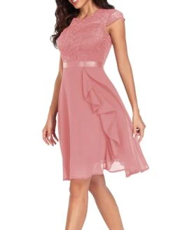 Women's Party Dress Lace Dress Cocktail Dress Midi Dress Black Pink Wine Short Sleeve Pure Color Lace Spring Fall Winter Crew Neck Fashion Winter Dress Wedding Guest Vacation 2023 S M L XL XXL -Tesla Style sendyx1692179772714