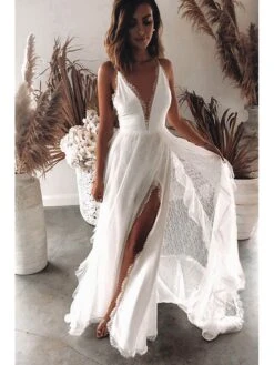 Women's Party Dress Lace Dress Swing Dress White Dress Long Dress Maxi Dress Sleeveless Pure Color Lace Spring Summer Deep V Romantic Party S M L XL -Tesla Style senssa1631181370520