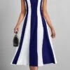 Women's Work Dress Swing Dress Semi Formal Dress Fashion Midi Dress Print Crew Neck Short Sleeve Color Block Stripe Regular Fit Black Wine Royal Blue Summer Spring S M L XL XXL -Tesla Style seofiq1680258057548