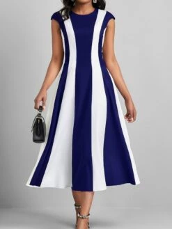 Women's Work Dress Swing Dress Semi Formal Dress Fashion Midi Dress Print Crew Neck Short Sleeve Color Block Stripe Regular Fit Black Wine Royal Blue Summer Spring S M L XL XXL