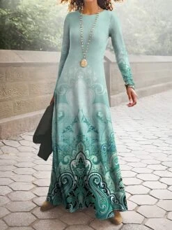 Women's Work Dress Casual Dress A Line Dress Fashion Winter Dress Daily Long Dress Maxi Dress Print Crew Neck Long Sleeve Floral Ombre Regular Fit Blue Purple Green Fall Winter S M L XL XXL -Tesla Style seqsoz1694413138572