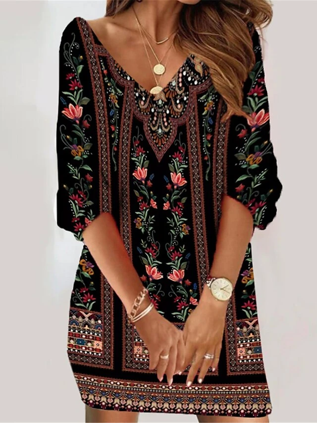 Women's Casual Dress Ethnic Dress Summer Dress Floral Color Block Print V Neck Mini Dress Vintage Ethnic Outdoor Daily 3/4 Length Sleeve Loose Fit Black Yellow Wine Summer Spring S M L XL XXL 4 Women's Casual Dress Ethnic Dress Summer Dress Floral Color Block Print V Neck Mini Dress Vintage Ethnic Outdoor Daily 3/4 Length Sleeve Loose Fit Black Yellow Wine Summer Spring S M L XL XXL - Image 2