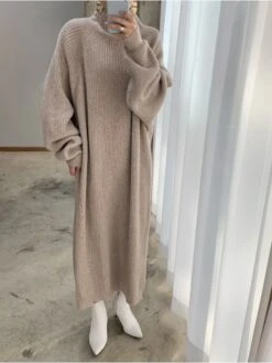 Women‘s Sweater Dress Winter Dress Casual Dress Maxi Dress Brown Apricot Grey Long Sleeve Pure Color Knit Winter Fall Turtleneck High Neck Stylish Casual Modern Fit 2022 One-Size -Tesla Style seslcp1664440416785