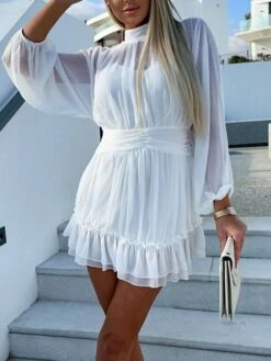 Women's Work Dress Sheath Dress Chiffon Dress Fashion Winter Dress Office Daily Mini Dress Ruched Crew Neck Long Sleeve Stripe Plain Regular Fit Black White Purple Fall Winter S M L XL -Tesla Style sfdmng1695096224267