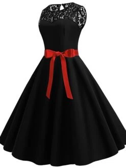 Women's Lace Dress Vintage Dress Swing Dress Black Dress Light Blue Wine Red Black Sleeveless Print Lace Up Summer Spring Fall Crew Neck Vintage -Tesla Style sflumq1666419804876