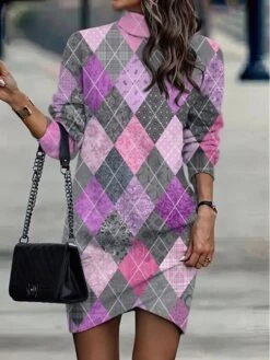 Women's Casual Dress Sweatshirt Dress Winter Dress Geometric Plaid Ruched Print Turtleneck Mini Dress Fashion Streetwear Outdoor Daily Long Sleeve Loose Fit Pink Burgundy Purple Fall Winter S M L XL -Tesla Style sfmbtt1694596439740