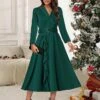Women's Party Dress Cocktail Dress Work Dress Midi Dress Green Long Sleeve Pure Color Ruffle Spring Fall Winter V Neck Party Winter Dress Office Christmas 2023 S M L XL XXL 3XL