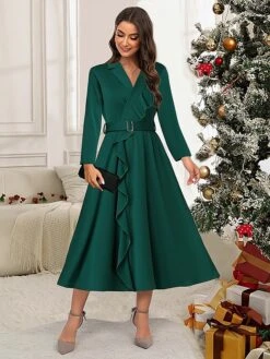 Women's Party Dress Cocktail Dress Work Dress Midi Dress Green Long Sleeve Pure Color Ruffle Spring Fall Winter V Neck Party Winter Dress Office Christmas 2023 S M L XL XXL 3XL
