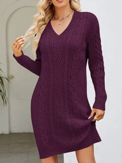Women's Sweater Dress Winter Dress Jumper Dress Mini Dress Ruched Outdoor Street Daily Fashion Streetwear V Neck Long Sleeve 2023 Loose Fit Dark Green Purple Dark Blue Color S M L XL XXL Size -Tesla Style sfxjoi1692081740345