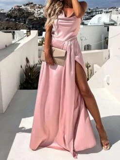 Women's Prom Dress Party Dress Satin Dress Pink Dress Long Dress Maxi Dress Fuchsia Khaki Sleeveless Pure Color Backless Summer Spring Fall Spaghetti Strap Fashion Birthday Evening Wedding Guest 2023 -Tesla Style sgahhz1663237137084
