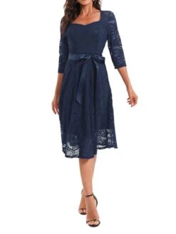 Women's Party Dress Lace Dress Vintage Dress Midi Dress Black Wine Navy Blue 3/4 Length Sleeve Pure Color Lace Summer Spring Fall Square Neck Fashion Wedding Guest Birthday Vacation 2023 S M L XL XXL -Tesla Style sgjsdr1671444178004