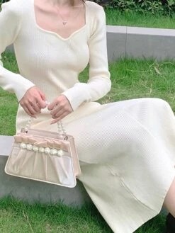 Women's Sweater Dress Jumper Dress Casual Dress Midi Dress Fashion Pure Color Outdoor Daily Vacation Going Out V Neck Long Sleeve Patchwork 2023 Regular Fit Black Pink Blue S M -Tesla Style sgplaz1695268450953