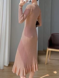 Women's Sweater Dress Jumper Dress Casual Dress Midi Dress Fashion Pure Color Outdoor Daily Vacation Going Out Crew Neck Long Sleeve Ruffle Patchwork 2023 Regular Fit Black Pink Beige One Size -Tesla Style sgrvul1697527719778