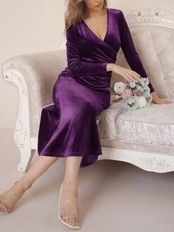 Women‘s Christmas Prom Dress Party Dress Velvet Dress Long Dress Maxi Dress Black Wine Dark Green Long Sleeve Pure Color Ruched Spring Fall Winter V Neck Fashion Winter Dress Birthday Evening Party -Tesla Style shajdt1691402331979