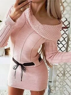 Women's Sweater Dress Jumper Dress Casual Dress Mini Dress Warm Pure Color Outdoor Casual Daily Going Out V Neck Long Sleeve 2023 Slim Pink S M L XL -Tesla Style shflfj1695278783533