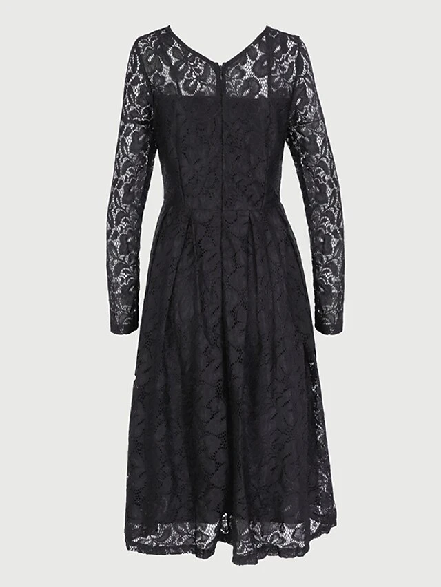 Women‘s Party Dress Wedding Guest Dress Lace Dress Dress Knee Length Dress Black Wine Navy Blue Long Sleeve Pure Color Lace Winter Fall Spring V Neck Elegant Winter Dress Office 2023 S M L XL XXL 3XL 5 Women‘s Party Dress Wedding Guest Dress Lace Dress Dress Knee Length Dress Black Wine Navy Blue Long Sleeve Pure Color Lace Winter Fall Spring V Neck Elegant Winter Dress Office 2023 S M L XL XXL 3XL - Image 3