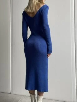 Women's Sweater Dress Jumper Dress Casual Dress Midi Dress Fashion Pure Color Outdoor Vacation Going Out V Neck Long Sleeve 2023 Regular Fit Black Pink Blue S M L -Tesla Style shzbzr1697538589149