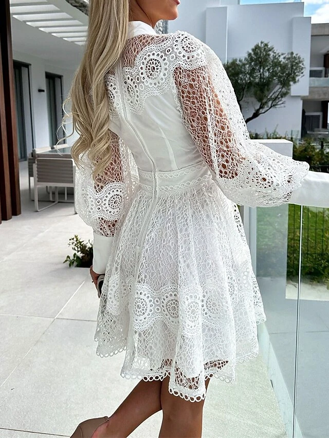 Women's Party Dress Lace Dress Homecoming Dress Mini Dress Black White Long Sleeve Pure Color Lace Summer Spring Fall Stand Collar Fashion Wedding Guest Birthday Vacation Slim 2023 S M L XL 5 Women's Party Dress Lace Dress Homecoming Dress Mini Dress Black White Long Sleeve Pure Color Lace Summer Spring Fall Stand Collar Fashion Wedding Guest Birthday Vacation Slim 2023 S M L XL - Image 3