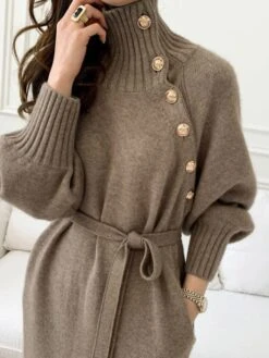 Women‘s Sweater Dress Winter Dress Sheath Dress Knee Length Dress Black Khaki Beige Long Sleeve Pure Color Button Fall Winter Autumn Turtleneck Stylish Winter Dress Fall Dress Loose Fit 2023 One-Size -Tesla Style simpco1658746613727