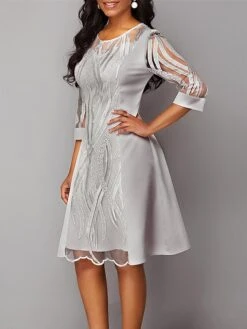 Women's Party Dress Lace Dress Homecoming Dress Midi Dress Gray 3/4 Length Sleeve Pure Color Lace Fall Winter Autumn Crew Neck Fashion Winter Dress Wedding Guest Birthday 2023 S M L XL XXL 3XL 4XL 5XL -Tesla Style sipvbv1697092733476