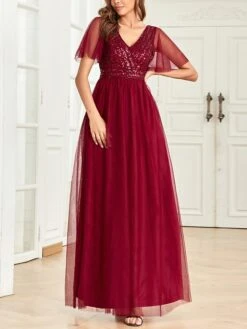 Women‘s Christmas Prom Dress Party Dress Sequin Dress Long Dress Maxi Dress Wine Short Sleeve Pure Color Sparkly Glitter Sequins Fall Winter Autumn V Neck Fashion Wedding Guest Birthday Evening Party -Tesla Style sizakx1693376304845
