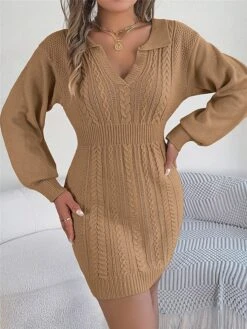 Women's Sweater Dress Winter Dress Jumper Dress Mini Dress Warm Pure Color Outdoor Casual Holiday Vacation V Neck Long Sleeve 2023 Regular Fit Pink Burgundy Green S M L -Tesla Style sjdlnb1696926495173