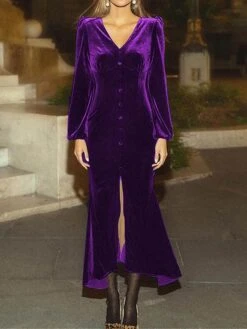 Women's Prom Dress Party Dress Velvet Dress Long Dress Maxi Dress Black Pink Wine Long Sleeve Pure Color Button Fall Winter Autumn V Neck Fashion Winter Dress Birthday Evening Party 2023 S M L XL XXL -Tesla Style sjeaiy1693535347692