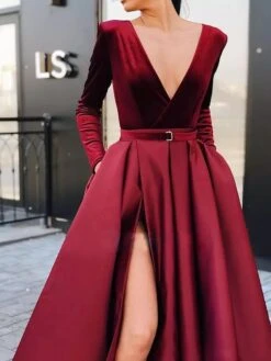 Women‘s Party Dress Velvet Dress Red Long Dress Maxi Dress Wine Long Sleeve Pure Color Ruched Pleated Split Winter Fall V Neck Party Hot Elegant Fall Dress Slim 2023 S M L XL Winter Dress -Tesla Style sjexfh1600864538424