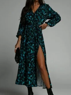 Women's Work Dress Casual Dress Swing Dress Fashion Office Daily Workfashion Midi Dress Split Print V Neck Long Sleeve Leopard Print Loose Fit Blue Brown Green Fall Winter S M L XL XXL -Tesla Style sjlrrj1695030992031
