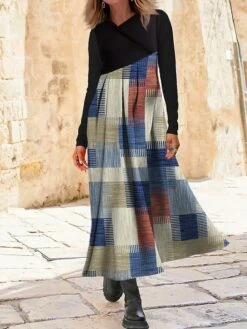 Women's Work Dress Casual Dress Swing Dress Fashion Winter Dress Daily Long Dress Maxi Dress Button Print V Neck Long Sleeve Geometric Houndstooth Regular Fit Yellow Blue Khaki Fall Winter S M L XL -Tesla Style sjmeea1695264759321