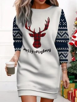 Women's Christmas Casual Dress Sweatshirt Dress Mini Dress Warm Fashion Outdoor Vacation Crew Neck Print Santa Claus Snowman Loose Fit Black White Wine S M L XL XXL -Tesla Style sjwflf1695365434920