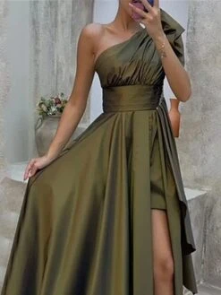 Women's Prom Dress Party Dress Satin Dress Long Dress Maxi Dress Army Green Sleeveless Pure Color Ruffle Spring Fall Winter One Shoulder Fashion Winter Dress Evening Party Wedding Guest 2023 S M L XL -Tesla Style sjyoyj1693823001713