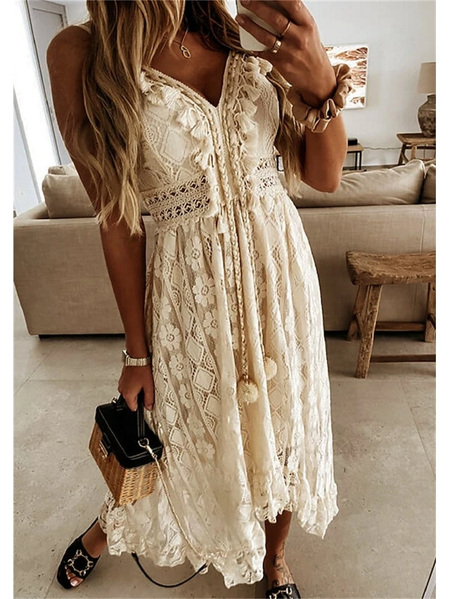 Women's Party Dress Casual Dress Holiday Dress Long Dress Maxi Dress White Beige Sleeveless Print Lace Summer Spring V Neck Basic Vacation 2023 S M L XL XXL 15 Women's Party Dress Casual Dress Holiday Dress Long Dress Maxi Dress White Beige Sleeveless Print Lace Summer Spring V Neck Basic Vacation 2023 S M L XL XXL - Image 13