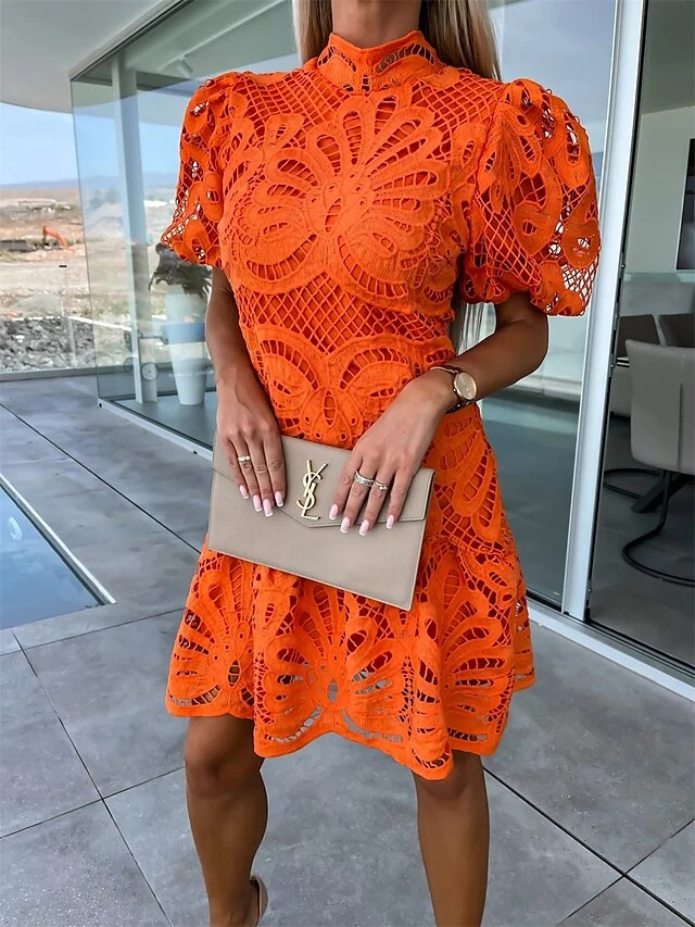 Women's Party Dress Lace Dress Cut Out Dress Mini Dress White Purple Fuchsia Short Sleeve Pure Color Lace Summer Spring Stand Collar Fashion Birthday Wedding Guest Vacation 2023 S M L XL 8 Women's Party Dress Lace Dress Cut Out Dress Mini Dress White Purple Fuchsia Short Sleeve Pure Color Lace Summer Spring Stand Collar Fashion Birthday Wedding Guest Vacation 2023 S M L XL - Image 6