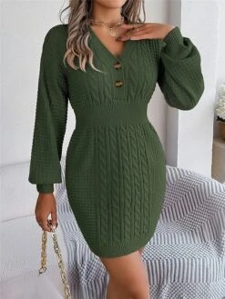Women's Sweater Dress Winter Dress Jumper Dress Mini Dress Active Pure Color Outdoor Casual Holiday Vacation V Neck Long Sleeve Button 2023 Regular Fit White Pink Green S M L -Tesla Style skrcsp1696926539449
