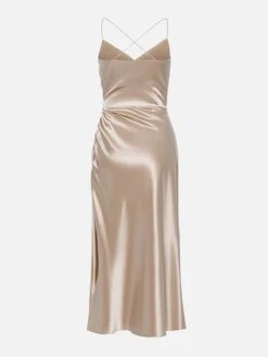Women‘s Satin Dress Midi Dress Champagne Sleeveless Pure Color Split Ruched Spring Summer V Neck Stylish Elegant Sexy 2022 S M L XL -Tesla Style slhhkg1654078843588