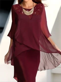 Women's Party Dress Lace Dress Cocktail Dress Long Dress Maxi Dress Wine 3/4 Length Sleeve Pure Color Lace Spring Fall Winter Crew Neck Fashion Wedding Guest 2023 S M L XL XXL 3XL