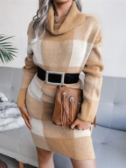 Women‘s Christmas Sweater Dress Winter Dress Sheath Dress Blue Wine Khaki Gray Long Sleeve Plaid Color Block Patchwork Winter Fall Turtleneck Casual S M L -Tesla Style slnine1634118523000